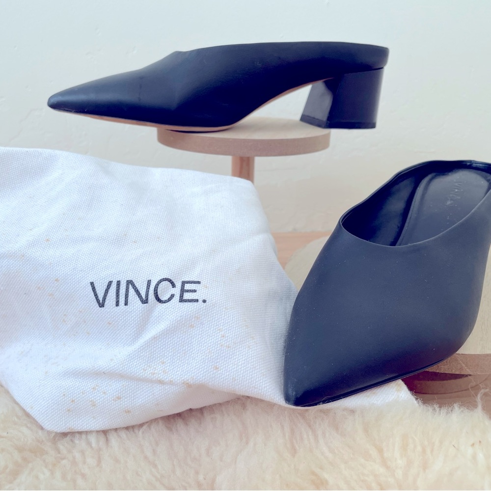 Vince leather block heel pointed toe mules